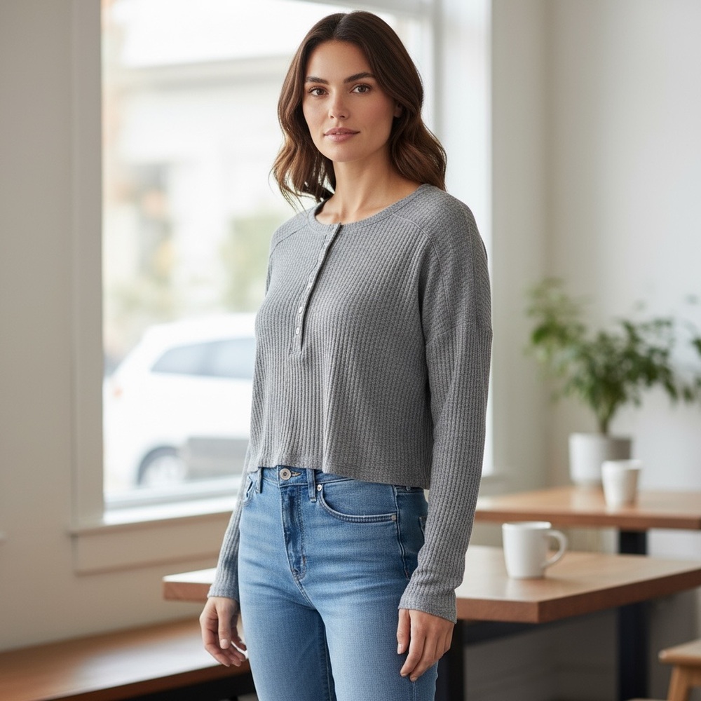 Garage Women's M Oversized Boxy Waffle‎ Weave Cropped Knit Top